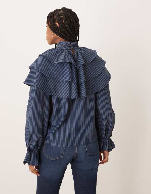 Glamorous ruffle blouse in navy stripe | ASOS