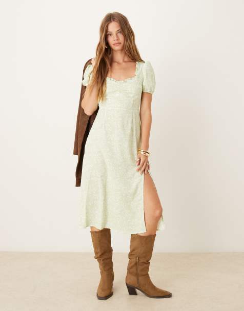 Glamorous Ruffle collar short sleeve midi dress in green ditsy print - view 1