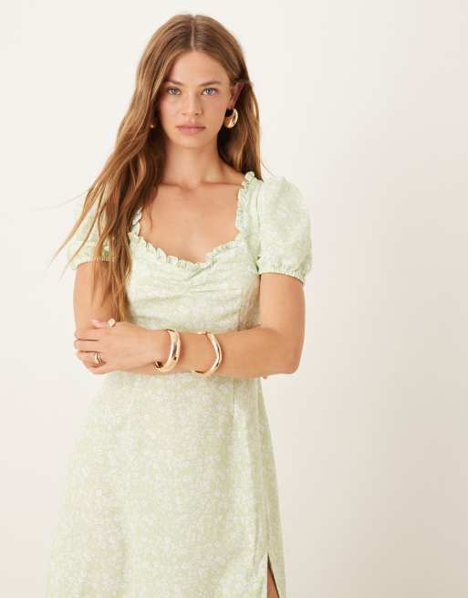 Glamorous Ruffle collar short sleeve midi dress in green ditsy