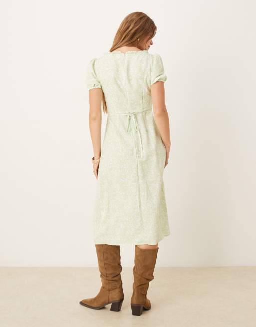 Glamorous Ruffle collar short sleeve midi dress in green ditsy