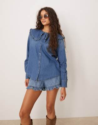 Glamorous ruffle collared button down denim shirt in blue - view 1