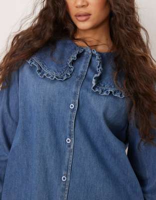 Glamorous Ruffle Collared Button Down Denim Shirt