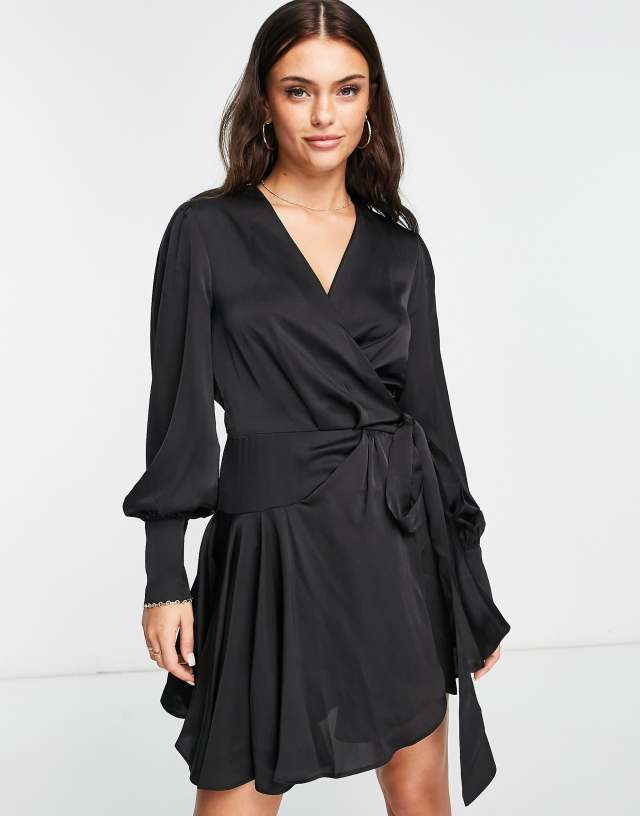 Glamorous ruffle detail wrap dress in black sateen