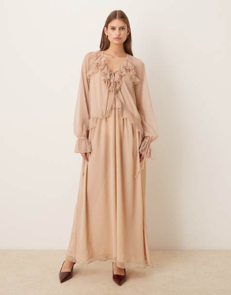Glamorous Ruffle maxi dress in beige crinkle - view 1