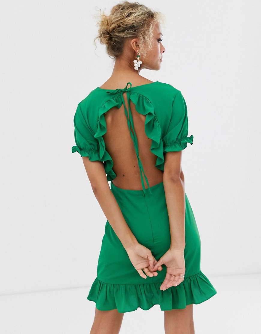 Glamorous ruffle mini dress with cutout back detail-Green