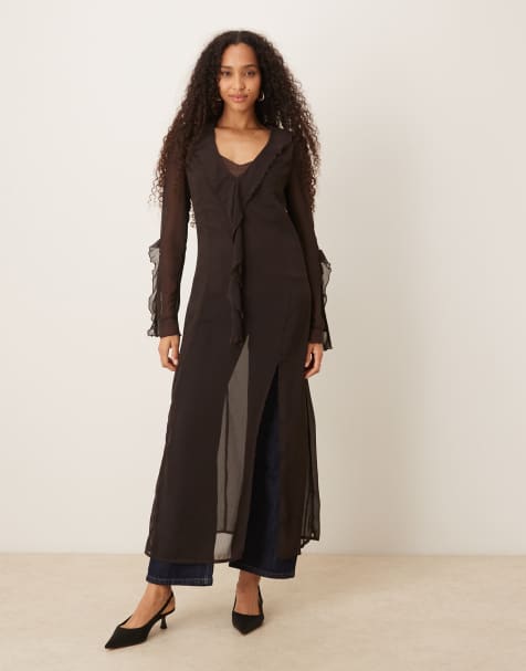 Glamorous ruffle neck maxi dress in deep brown