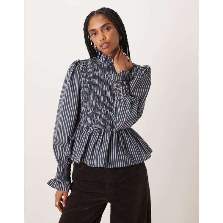 Glamorous ruffle neck shirred body long sleeve blouse in navy blue