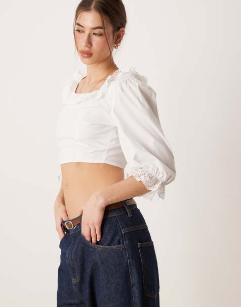 Glamorous Ruffle neckline crop top in off white - view 1