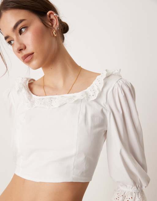 Glamorous ruffle neckline crop top in off white, 3 of 4