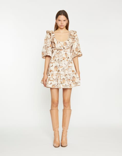 Glamorous Ruffle neckline mini dress in tan multi blossom - view 1