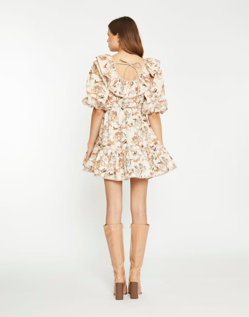 Glamorous Ruffle neckline mini dress in tan multi blossom, 2 of 4