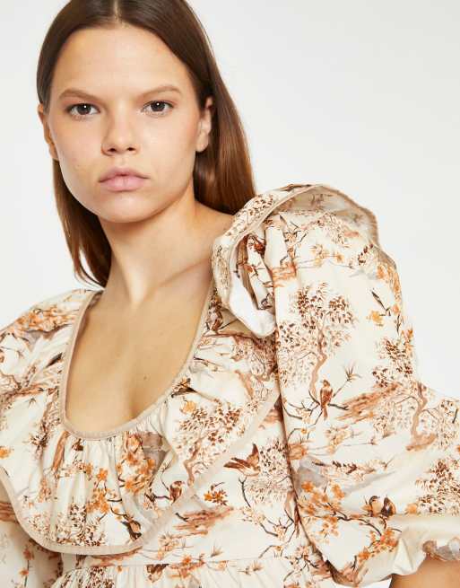 Glamorous Ruffle neckline mini dress in tan multi blossom, 4 of 4