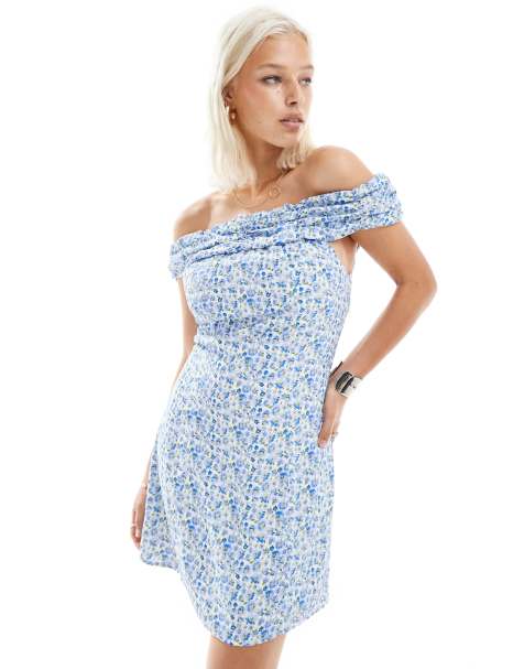 Glamorous ruffle off shoulder structured mini dress in blue floral - view 1