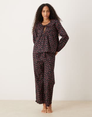 Glamorous Ruffle Pajama Shirt And Pants In Red
