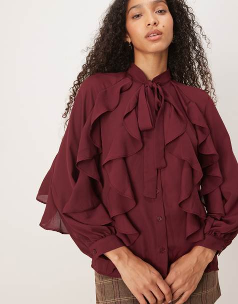 Glamorous Ruffle Pussybow Tie Neck Blouse in burgundy - view 1