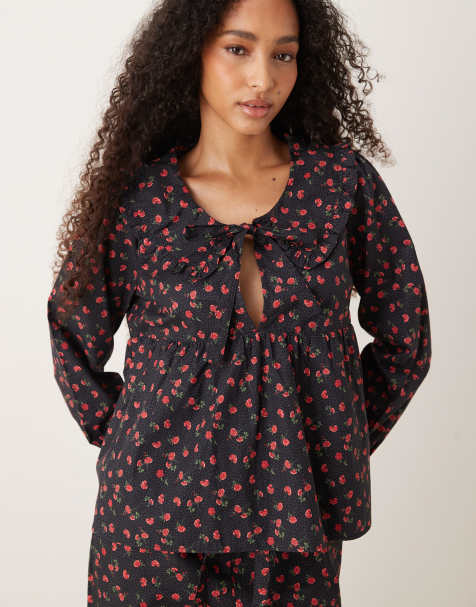 Glamorous ruffle pyjama shirt and pants in black red floral - view 1