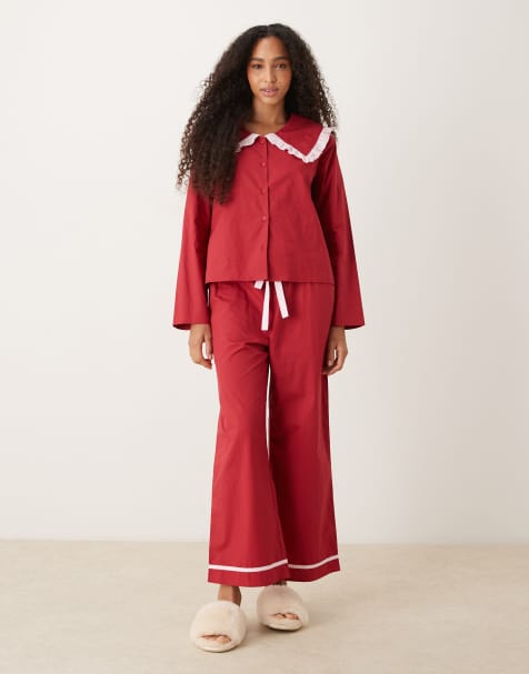 Glamorous ruffle pyjama shirt and pants in red with pink contrasting - view 1