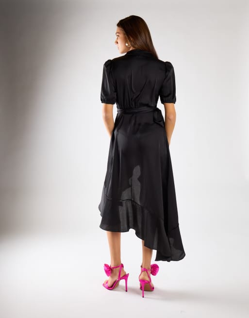 Glamorous Ruffle wrap midi dress in black sateen, 2 of 4