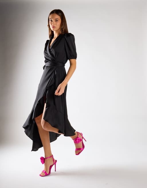 Glamorous Ruffle wrap midi dress in black sateen, 3 of 4