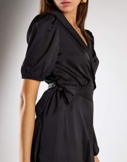 Glamorous Ruffle wrap midi dress in black sateen, 4 of 4