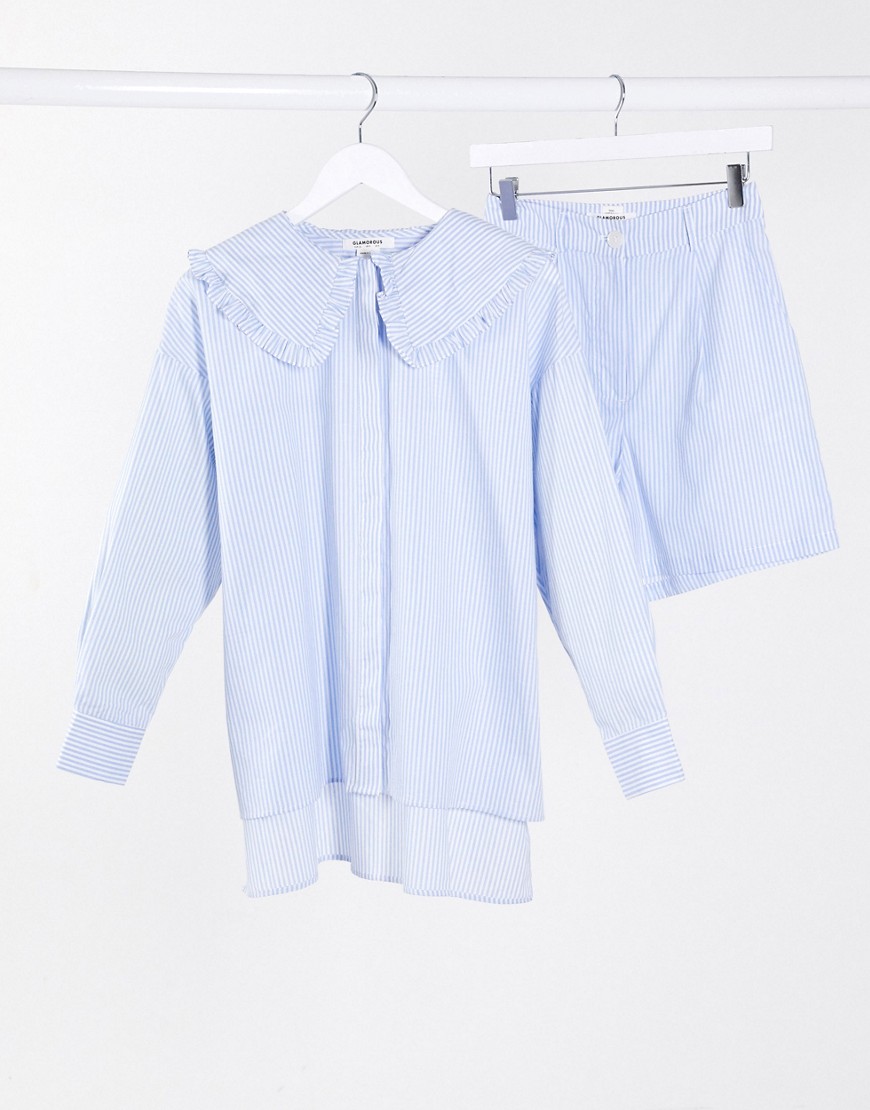 Glamorous - Ruimvallende overhemd combi-set met opvallende kraag en strepen-Blauw