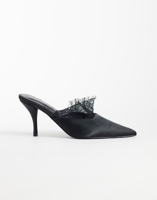 Glamorous - Sabot con tacco in raso nero con dettaglio in pizzo, 1 di 4