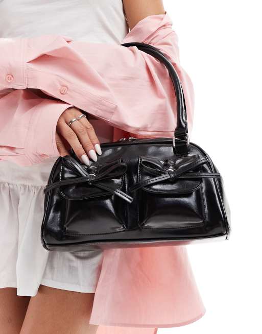Glamorous - Sac à main à poignées supérieures avec poches et détails nœuds - Noir verni