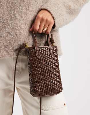 Glamorous - Sac bandoulière effet tressé pour téléphone - Marron foncé-Brown