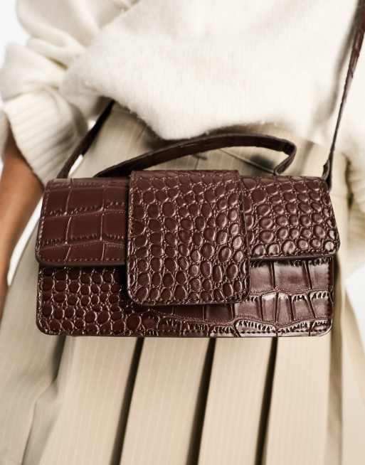 Pochette bandoulière effet croco marron