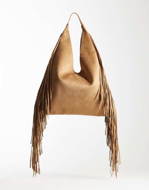 Glamorous sac cabas en daim synthétique à franges souple camel - view 1