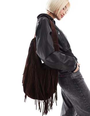 Glamorous - Sac porté épaule à franges en imitation daim - Marron foncé