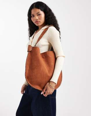 Glamorous - Sac porté épaule à surpiqûres en imitation daim - Marron-Brown