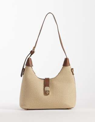 Glamorous - Sac porté épaule en raphia tissé à détails en similicuir - Crème-Blanc