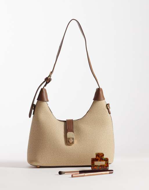 Glamorous - Sac porté épaule en raphia tissé à détails en similicuir - Crème, 2 de 4