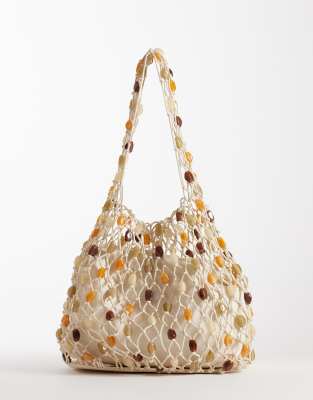 Glamorous - Sac porté épaule souple en maille crochetée orné de perles - Crème-Blanc