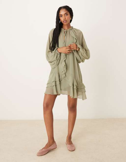Glamorous - Salviegrøn boho-minikjole med flæser i chiffon, 4 af 4