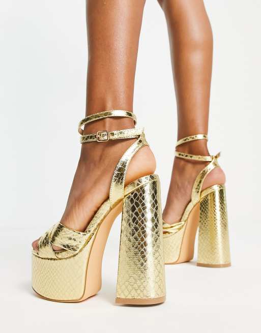 Glamorous - Sandalen met plateauzool in gouden slangenmotief, 2 van 4