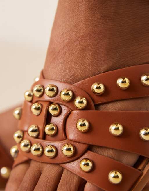 Cuoio Sandali Pelle Borchie Glamorous Sandali Bassi Color Cuoio