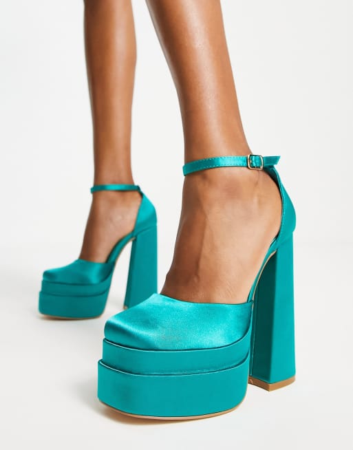 Glamorous - Sandali con tacco e plateau in raso blu acqua - In esclusiva per ASOS, 3 di 4