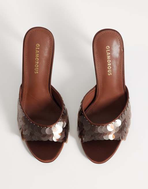 Glamorous - Sandali con tacco marroni con paillettes, 2 di 4
