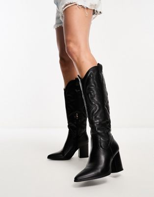 Glamorous western heeled knee boots in black - ASOS Price Checker