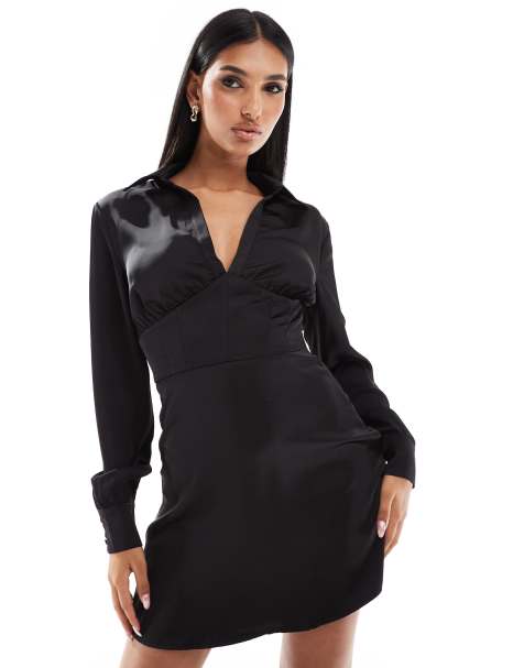 Glamorous Satin Collared Mini Dress in Black - view 1