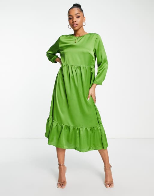 Glamorous satin midi smock dress in green | ASOS