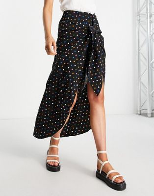 Glamorous satin ruched midi skirt with mixed prints