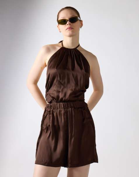Glamorous Satin short playsuit in brown - view 1