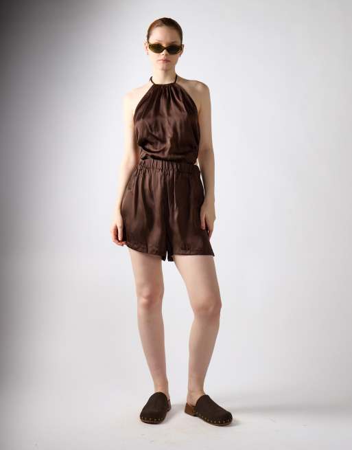 Glamorous Satin short playsuit in brown, 2 of 4