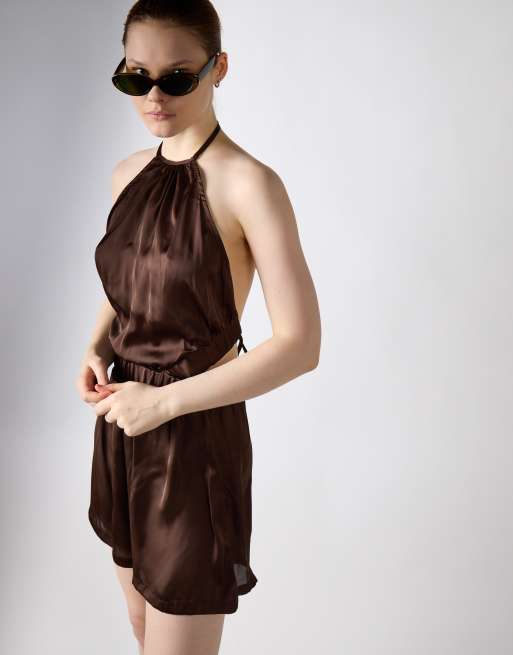 Glamorous Satin short playsuit in brown, 3 of 4
