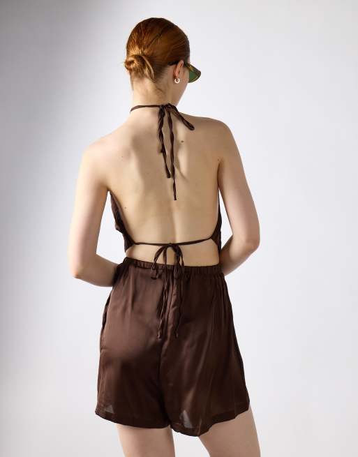 Glamorous Satin short playsuit in brown, 4 of 4