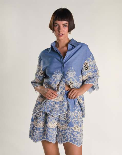 Glamorous Scallop hem short in embroidered chambray - view 1