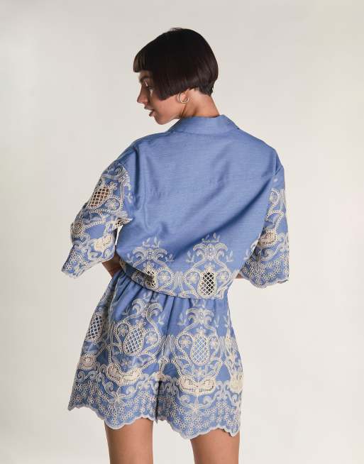 Glamorous Scallop hem short in embroidered chambray, 3 of 4